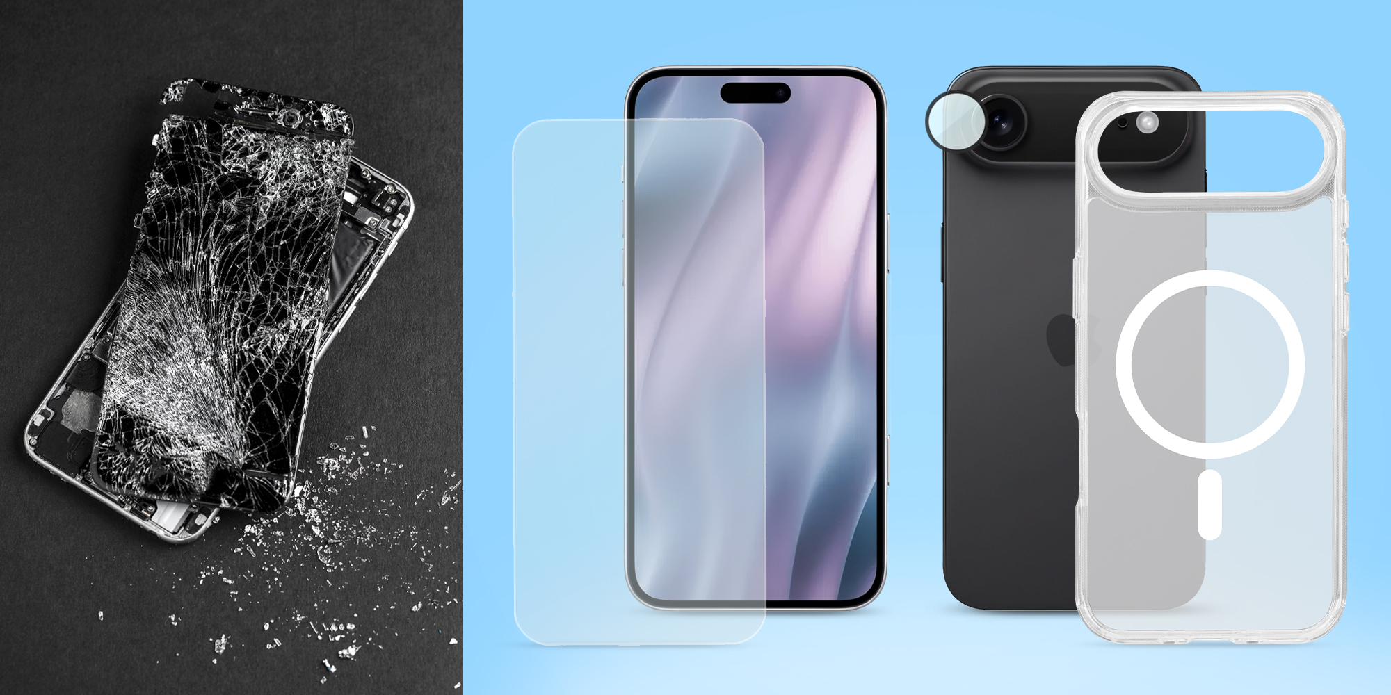 Zestaw Roobix 3w1 Combo do iPhone 17 (etui MagSafe + szkło + ochrona obiektywu) prezentacja zawartości pudełka i wizualizacja na smartfonach, obok rozbity smartfon, który nie był zabezpieczony